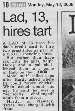 Detail from The Sun newspaper of the headline Lad, 13, Hires Tart